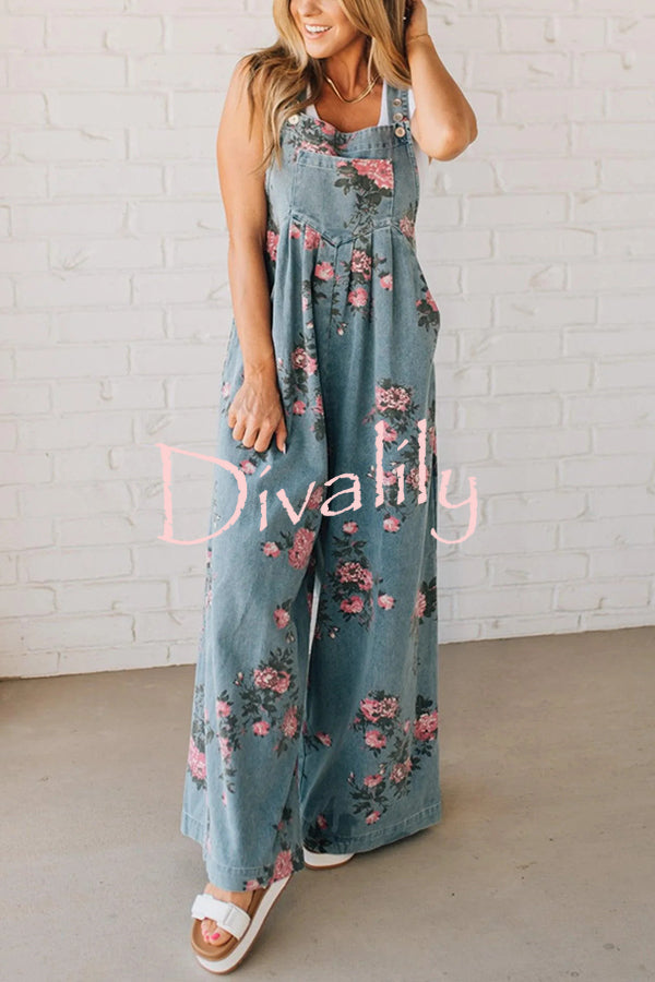 Fashion Floral Print Casual Button Pocket Loose Denim Overalls