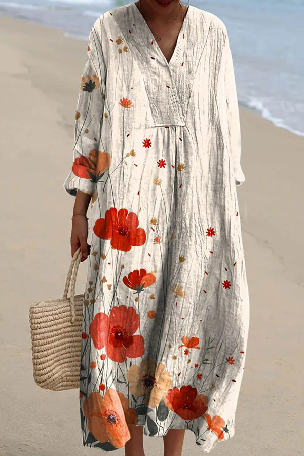 Plant Flower Print V-Neck Long Sleeve Loose Midi Dress