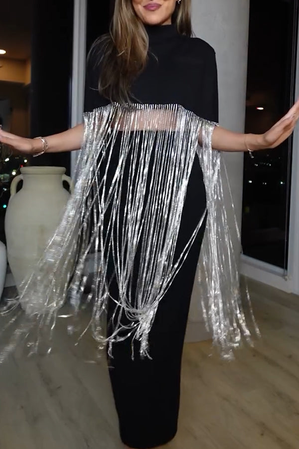 New Level Shiny Tassel Stand Neck Crop Cape Blouse