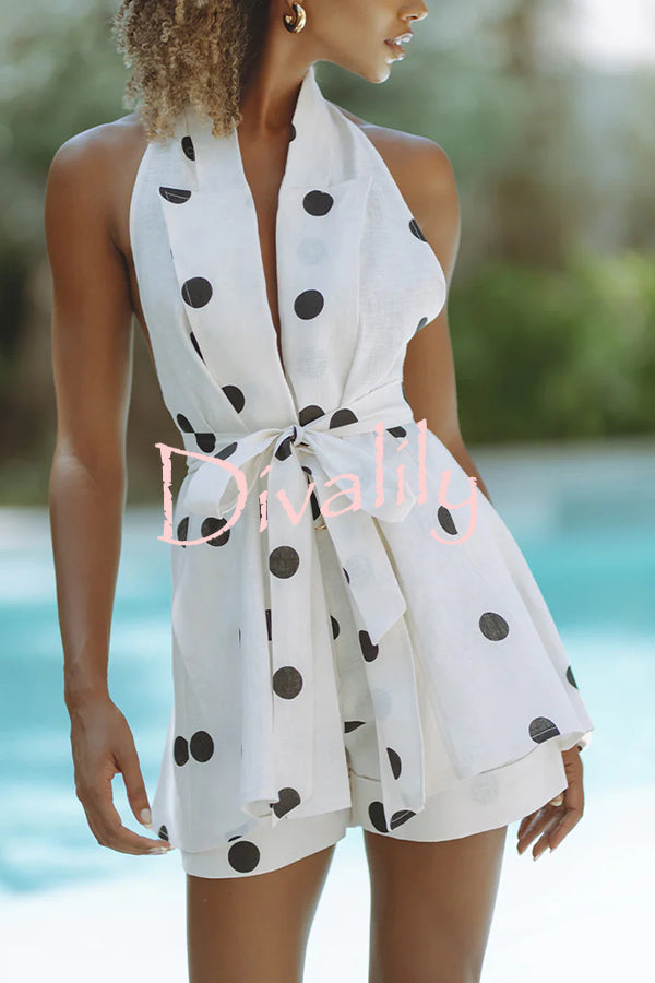 Gabby Linen Blend Polka Dot Tie-up Lapel Halter Vest and Metal Ring Belt Loose Shorts Set