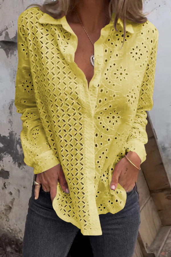 Solid Color Cutout Long-sleeved Loose Button-down Shirt