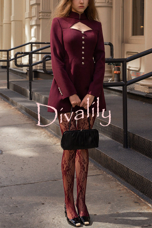 Elegant Long-sleeved Hollowed-out Button-down Slim-fit Mini Dress