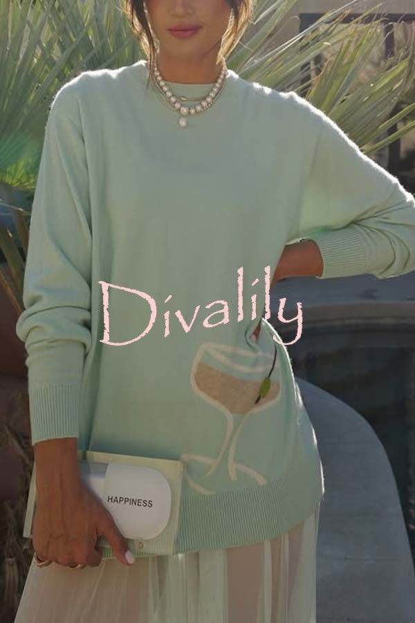 Tini Time Knit Unique Pattern Crew Neck Long Sleeve Casual Sweater