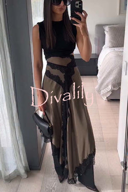 Verve Ribbed Jersey Cutout Waist Asymmetric Satin Lace Hem Maxi Dress