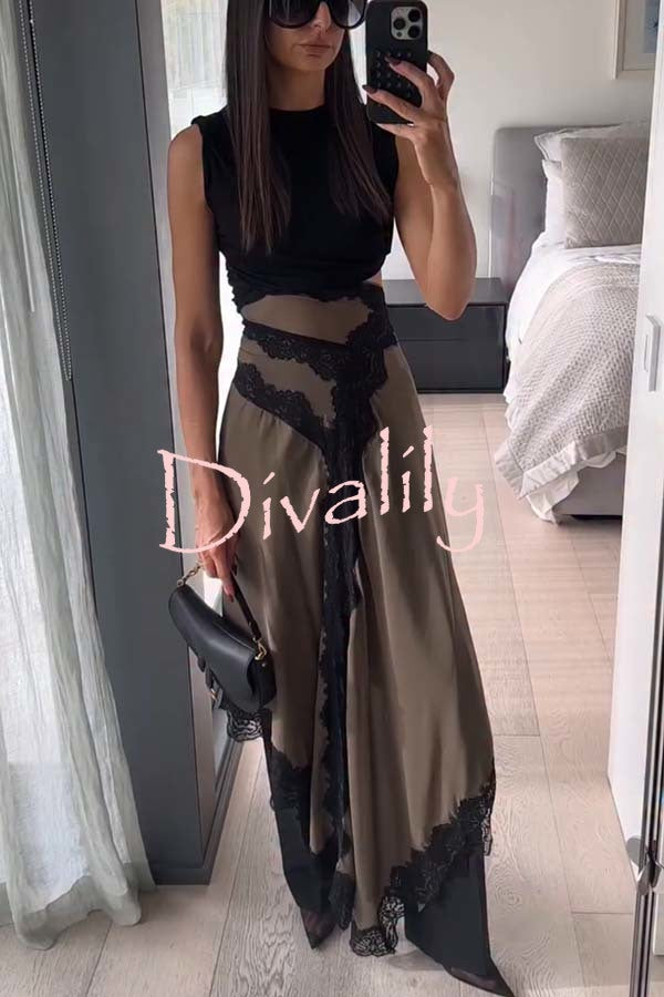 Verve Ribbed Jersey Cutout Waist Asymmetric Satin Lace Hem Maxi Dress