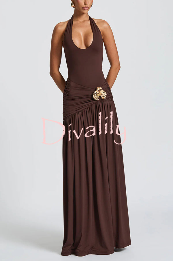 Solid Color Halter Neck Backless Slim Fit Pleated Slit Maxi Dress