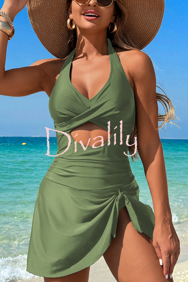 Fashionable Halterneck Waist Hollow Stretch One-piece Swimsuit