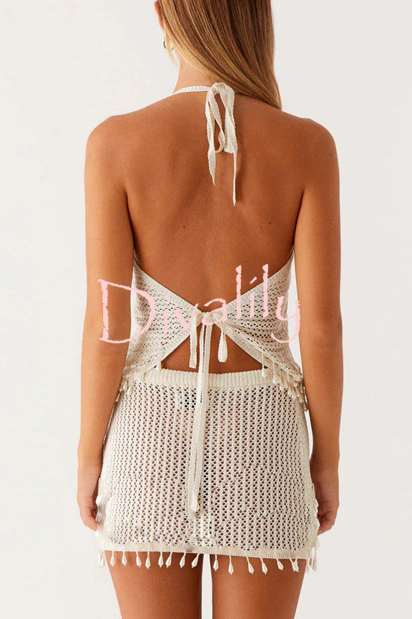 Fashion Knit Hollow Back Top and Embellished Fitted Stretch Beach Mini Skirt Set