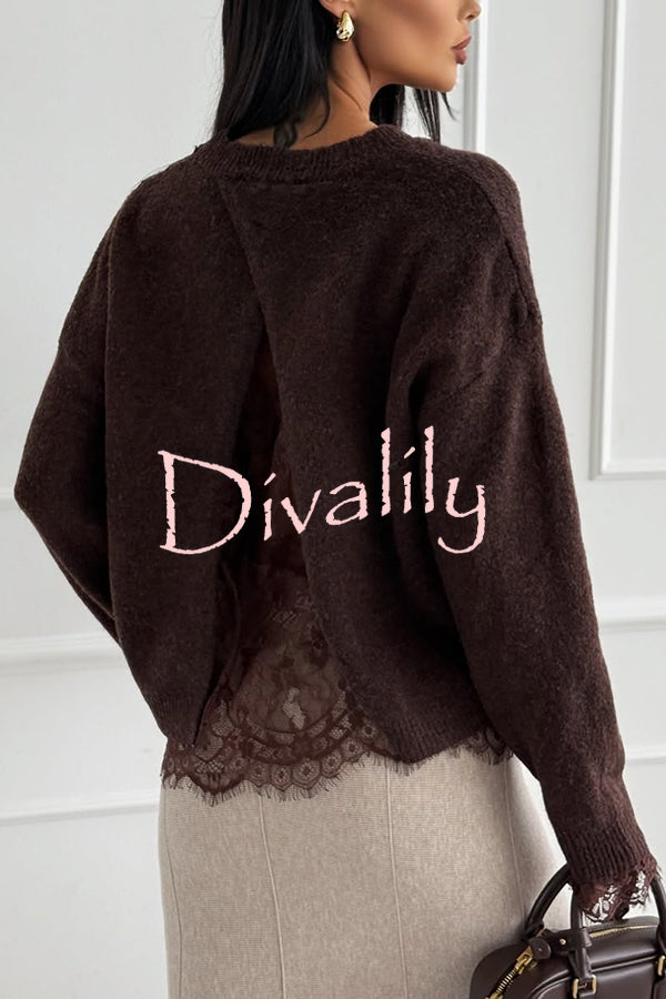 Caitlin Knit Lace Trim Patchwork Long Sleeve Back Slit Relaxed Sweater