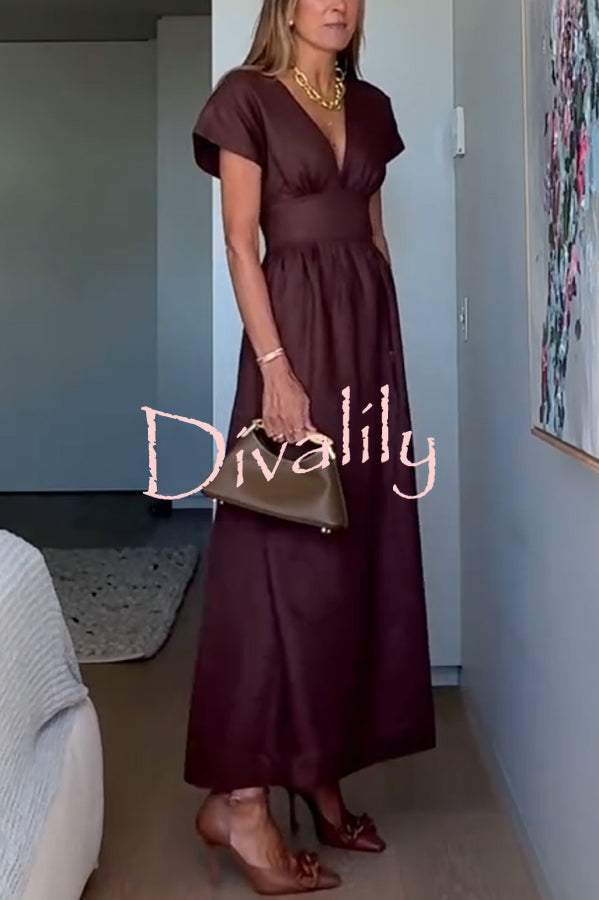 Della Linen Blend Short Sleeve Fitted Waist Maxi Dress