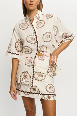 Resort Style Print Lapel Short Sleeve Shirt and Casual Mini Skirt Set