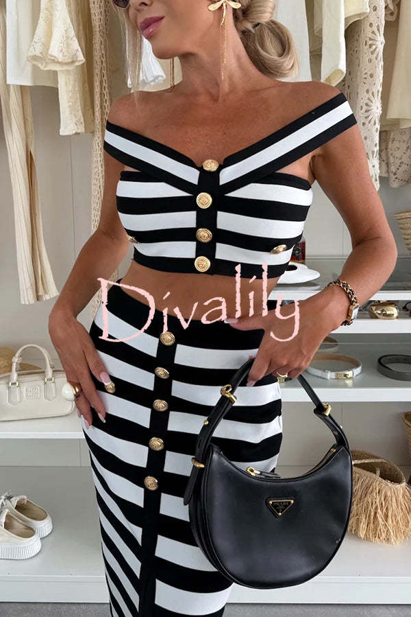 Sexy Elegant Striped Metal Button Off Shoulder Top and High Rise Slit Stretch Skirt Set
