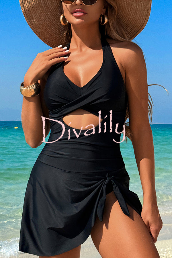 Fashionable Halterneck Waist Hollow Stretch One-piece Swimsuit