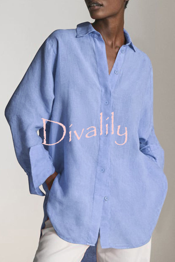 Reality Calling Linen Blend Solid Button Long Sleeve Loose Blouse