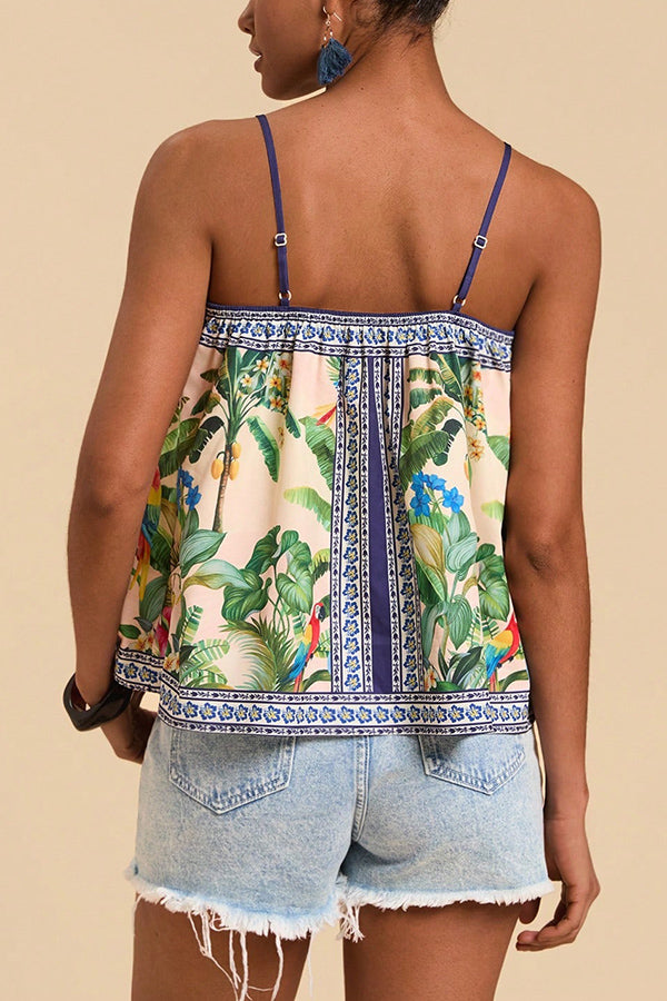 Tropical Print Casual Halter Backless Loose Top