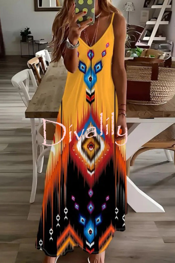 Unique Printed Suspender V-neck Loose Maxi Dress