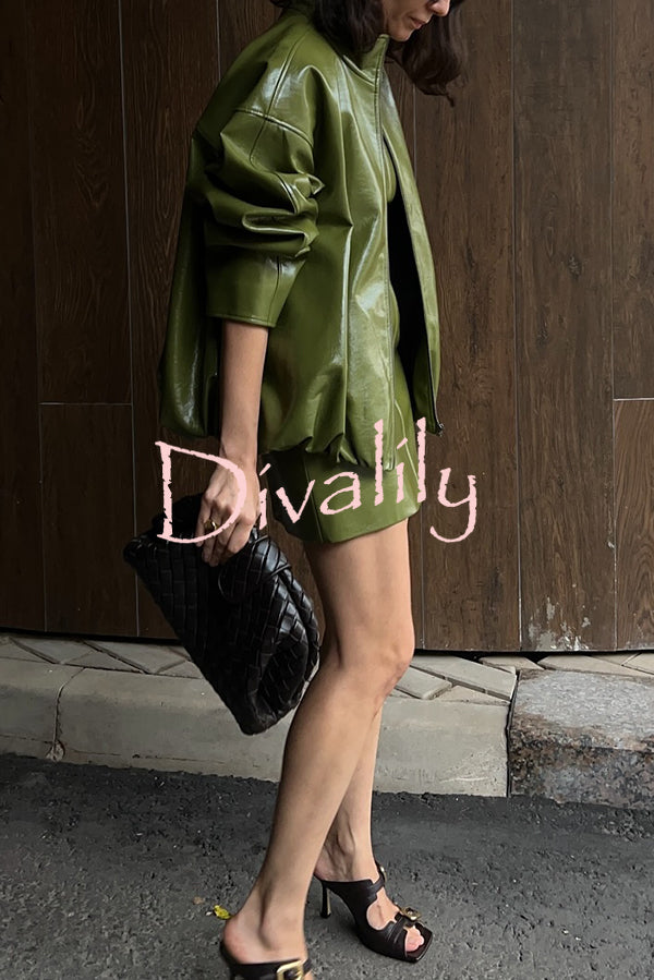 Solid Color Loose Long Sleeve Pocket Casual Leather Jacket