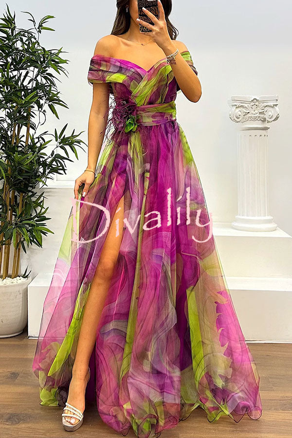 Jinnie Tulle Floral Feather Pendant Pleated Off Shoulder Slit Maxi Dress