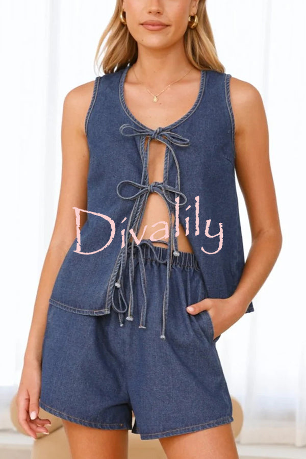 Solid Color Sleeveless Tie Top and Elastic Waist Loose Pocket Denim Shorts Set