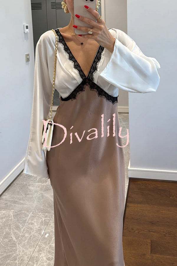 Lainei Contrast Color Satin Lace Trim V-neck Long Sleeve Maxi Dress