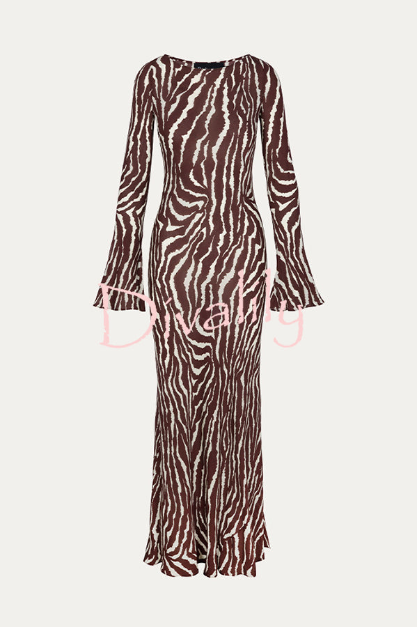 Gia Unique Print Boat Neck Long Bell Sleeve Bias Cut Maxi Dress