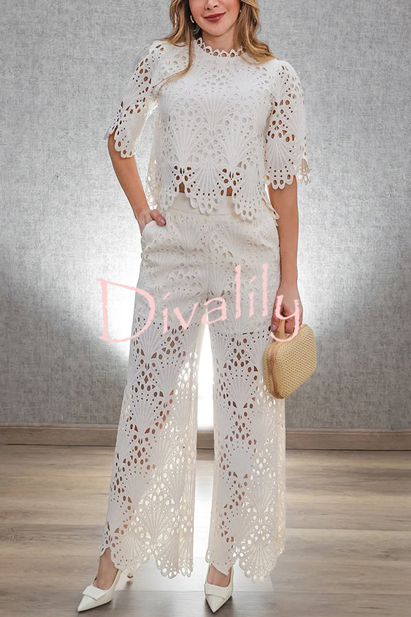 Eliose Scallop Cutout Embroidery Lace Elastic Waist Pocket Loose Pants