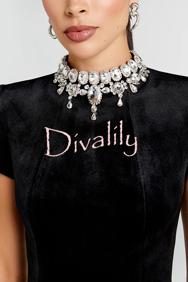 Lucia Luxurious Velvet Jewel-encrusted Turtleneck Short Sleeve Flare Stretch Jumpsuit