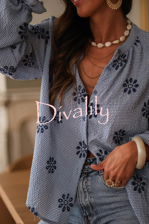 Fashionable Embroidered Floral Casual Long-Sleeved Loose Top