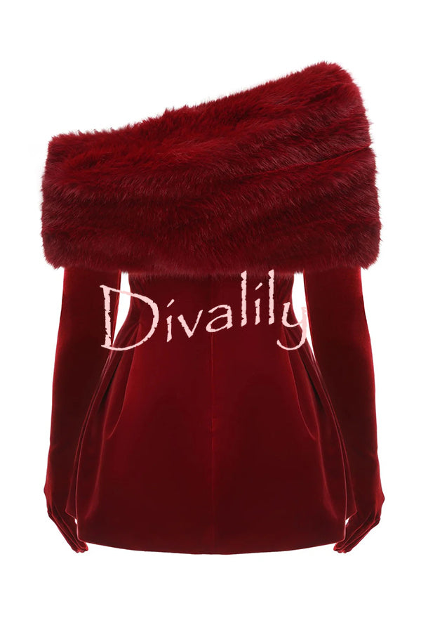 Stylish Velvet Off-shoulder Fitted Mini Dress and Fluffy Shawl, Velvet Gloves Three-piece Set