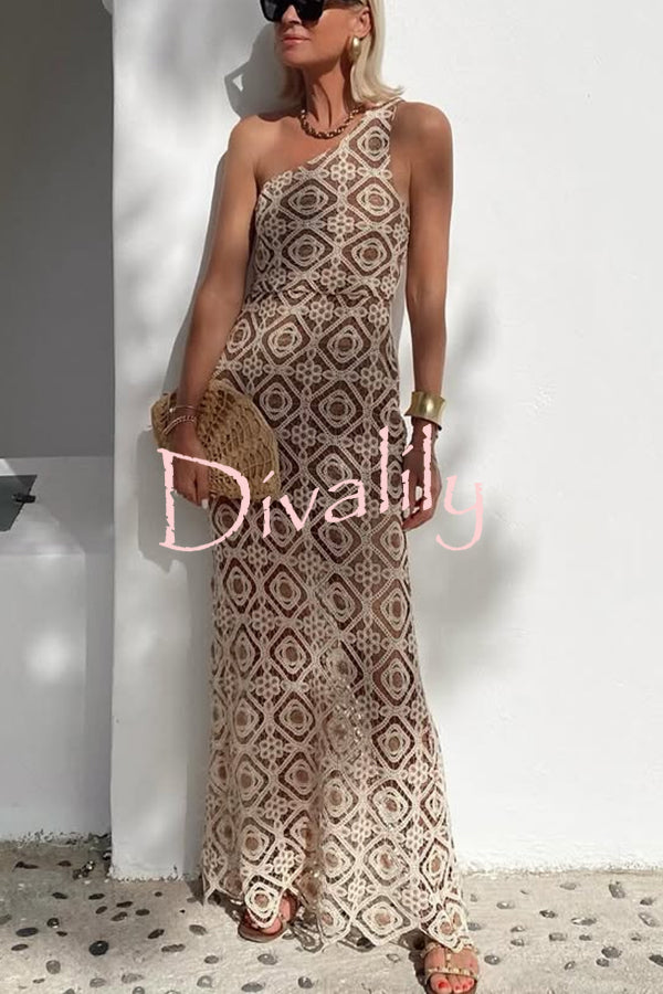 Obsessed with Beauty Crochet Lace One Shoulder Maxi Dress