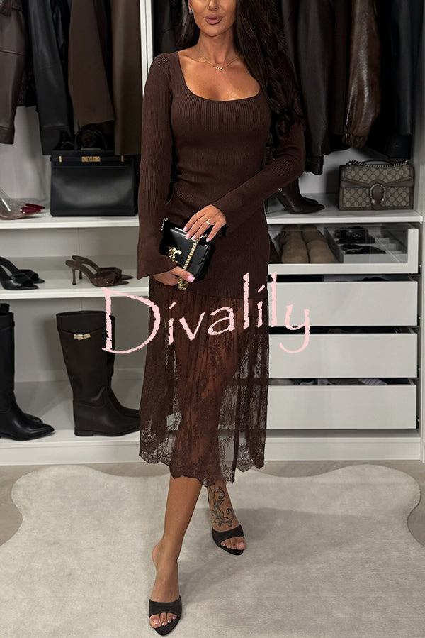 Ellie Ribbed Knit Square Neck Long Sleeve Lace Patchwork Hem Midi Dress