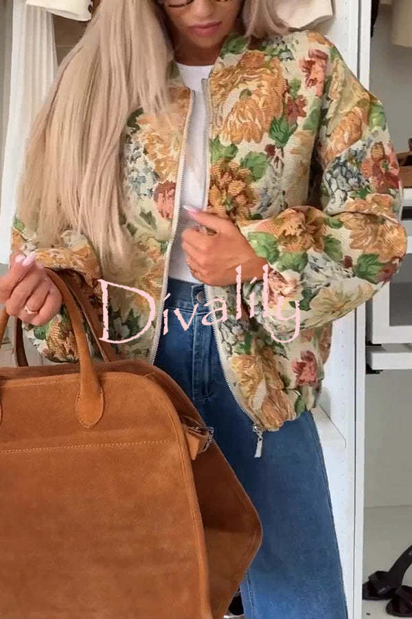 Floral Print Loose Long-sleeved Zip-up Jacket