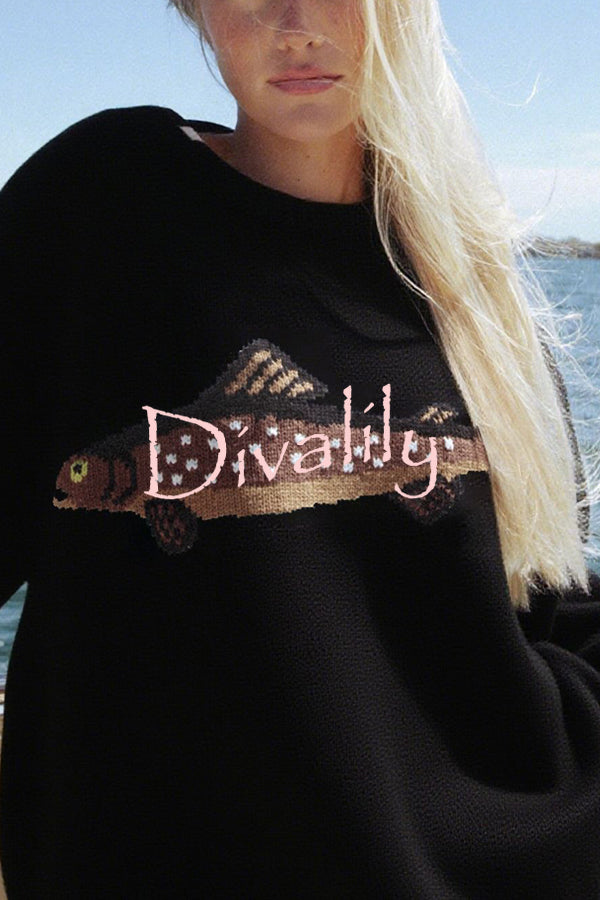 Fashionable Fish Pattern Round Neck Loose Knitted Sweater