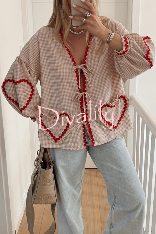 Lovely Plaid Heart Pattern Casual Lace-up Pocket Loose Shirt