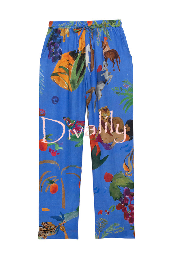 Unique Print Lapel Long Sleeve Loose Shirt and Elastic Waist Pocket Wide Leg Pants Set