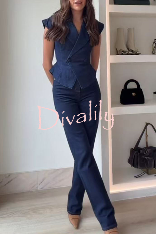 Charley Denim Button Up Cap Short Sleeve Structured Tie-up Lapel Top