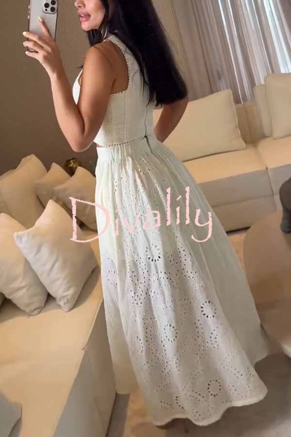 Kaya Embroidery Hollow Lace Back Smocked Tank and Elastic Waist A-line Maxi Skirt Set