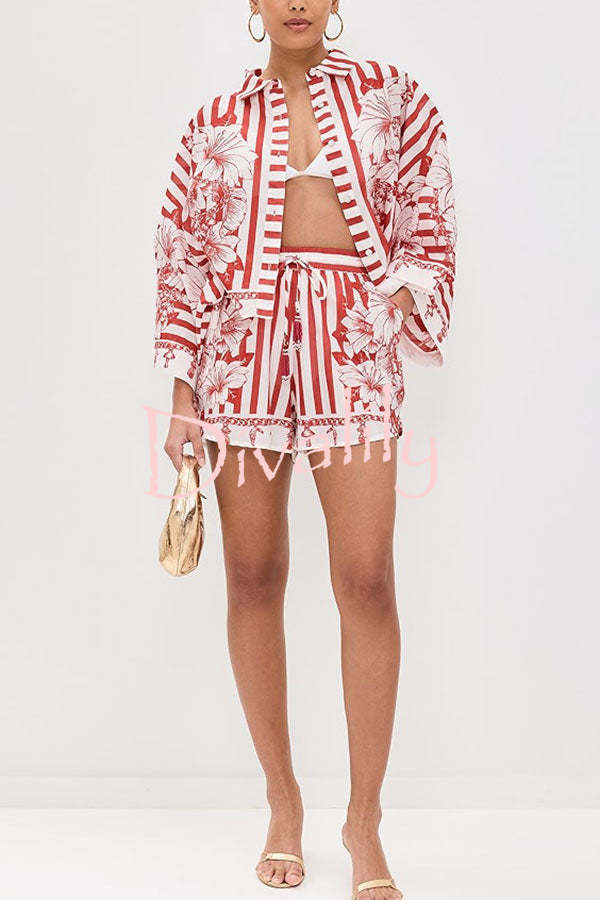 Like Paradise Floral Print Wide Sleeve Shirt and Elastic Waist Pocketed Shorts Set