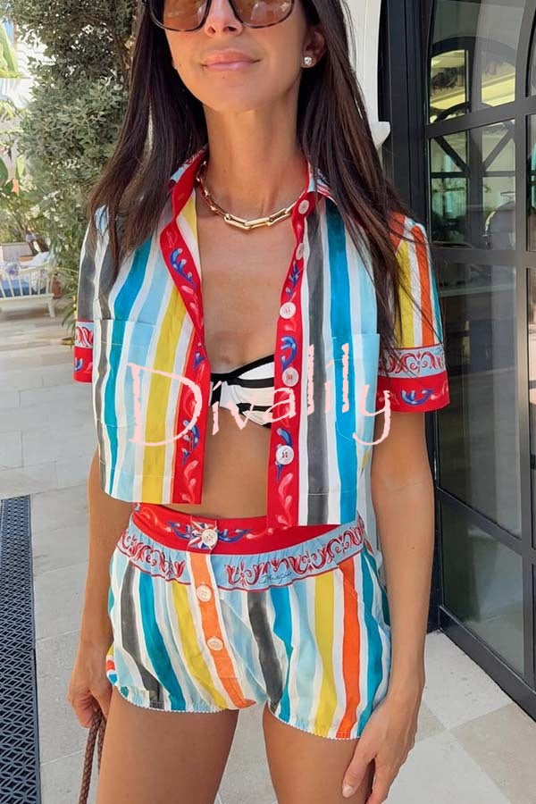 Rainbow Mood Unique Print Short Sleeve Crop Shirt and Elastic Waist Loose Bloomers Set