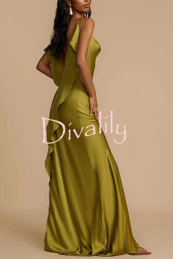 Evening Date Satin Cowl Neck Drape Ruffle Backless Bias Cut Party Maxi Dress