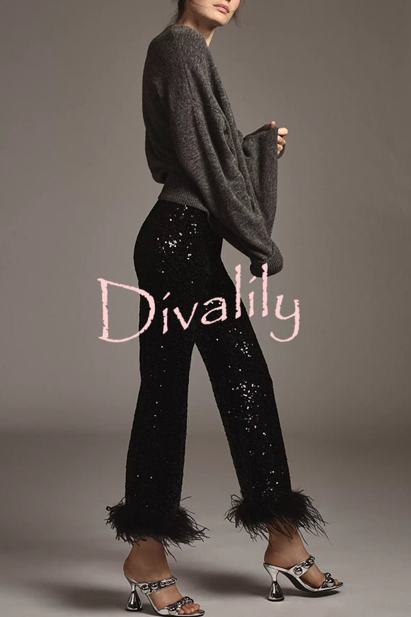 New Year Eve Sequin Feather Trim High Rise Back Zipper Flare Pants