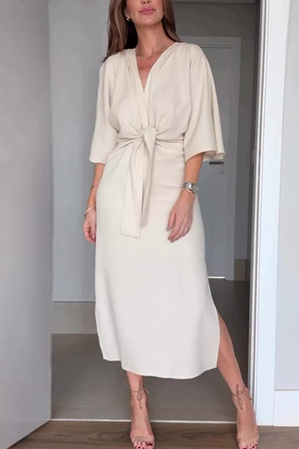 Solid Color V-neck Half-sleeve Casual Waist-tied Midi Dress
