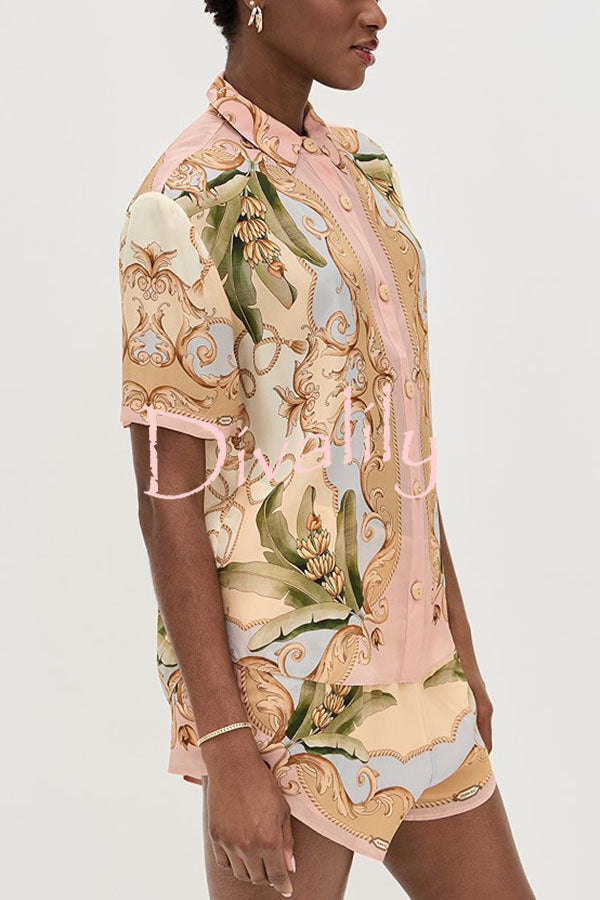 Royalty Unique Print Button Up Short Sleeve Shirt and Elastic Waist Pocketed Loose Shorts Set