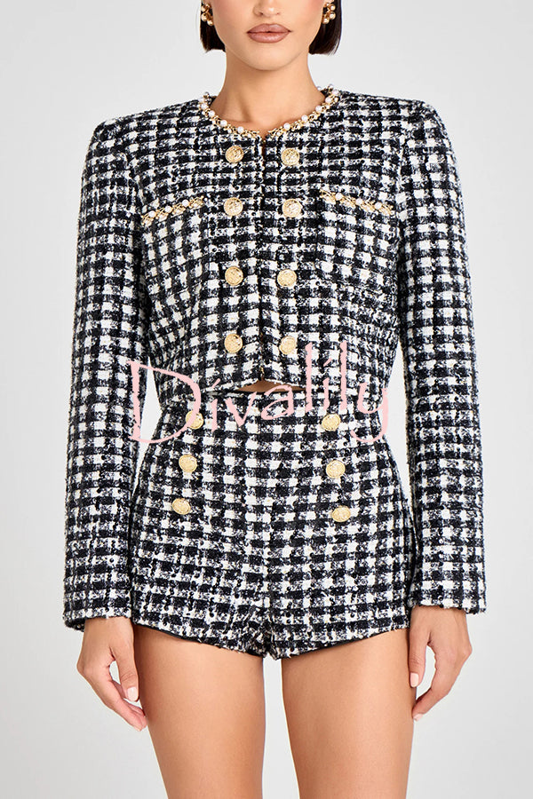 Alex Check Bouclé-tweed Fabric Gold Button High Rise Shorts
