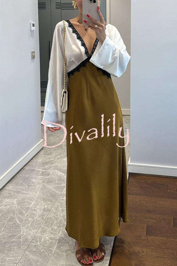 Lainei Contrast Color Satin Lace Trim V-neck Long Sleeve Maxi Dress