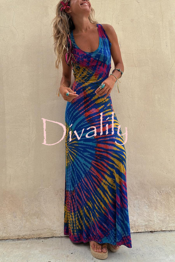 Coastal Crush Tie-dye Print Back Lace-up Stretch Maxi Dress