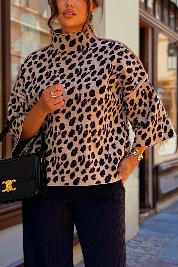 Leopard Print Loose Turtleneck Casual Knitted Sweater
