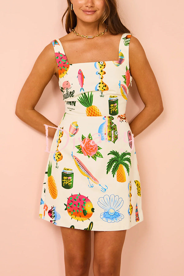 Summer Colorful Fruit Unique Print Tie-back Mini Dress