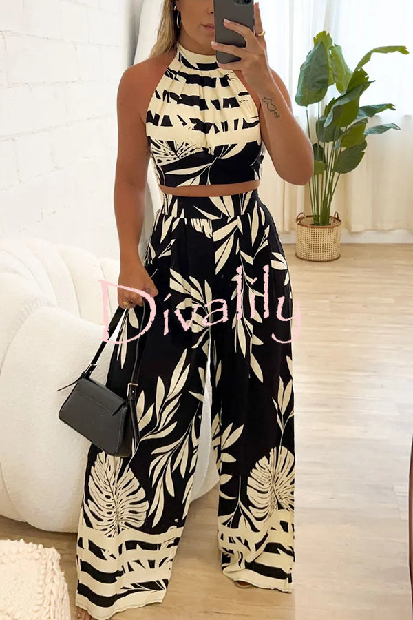 Botanical Print Halterneck Crop Top and Casual High-waist Wide-leg Pants Set