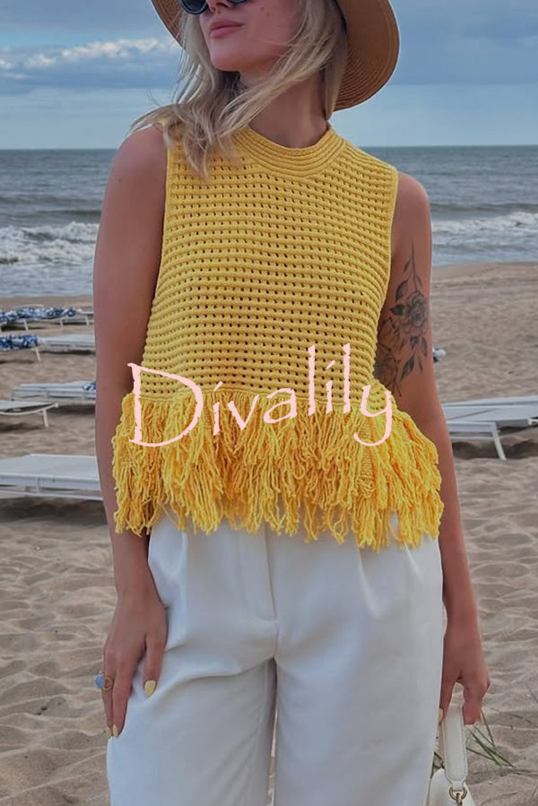 Solid Color Round Neck Sleeveless Hollow Tassel Loose Vest